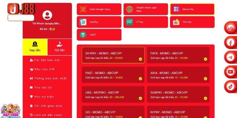 Hướng dẫn cách nạp tiền tại J88
